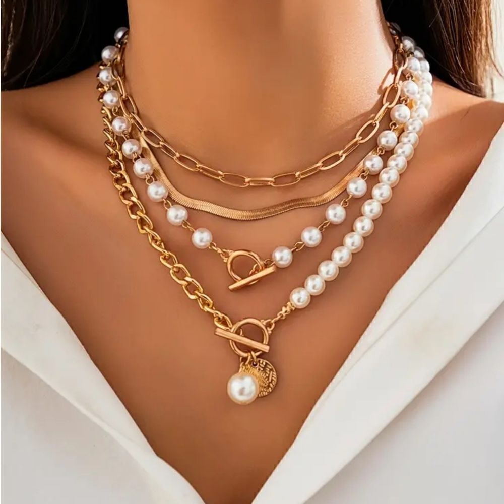 Golden Chain Lab Pearl Decor Pendant Necklaces Set 4 Pieces